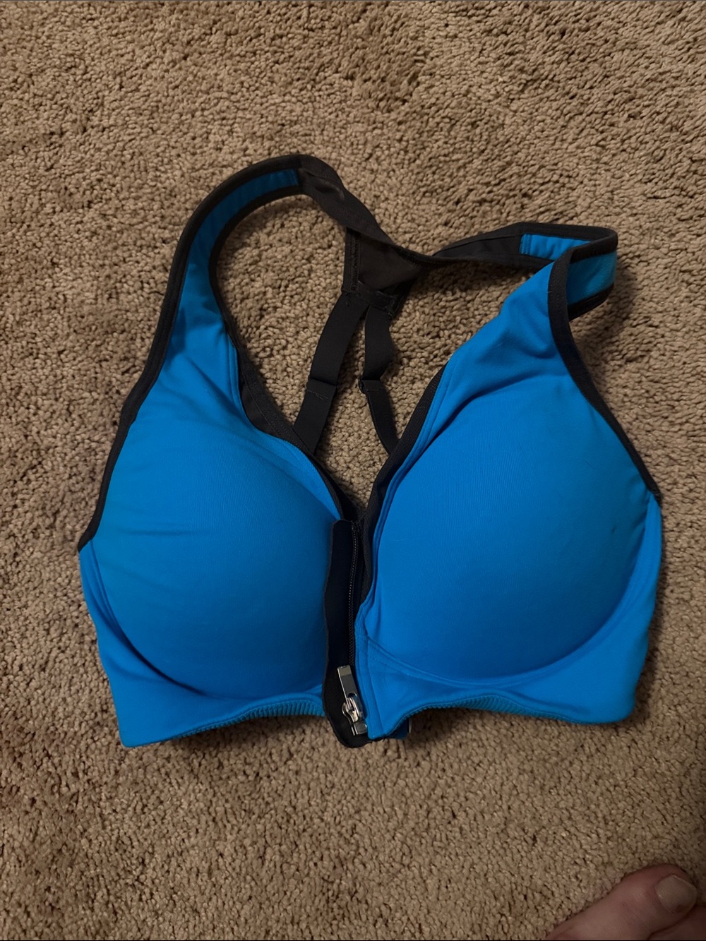 VSX Blue Front-Zip Padded Racerback Sports Bra with Black Trim